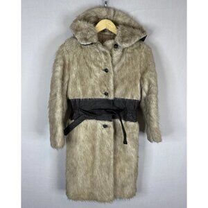 Vintage 70s Faux Fur Faux Leather Belted Hooded Coat Quilted Lining Women’s XS/S